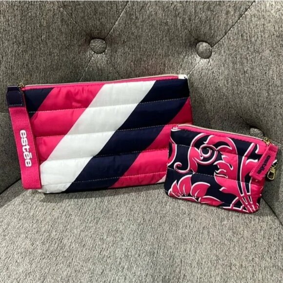 🦃 New Estée Lauder 2 Piece Puffy Stripped Cosmetic Makeup Travel Bag Set - Picture 2 of 6